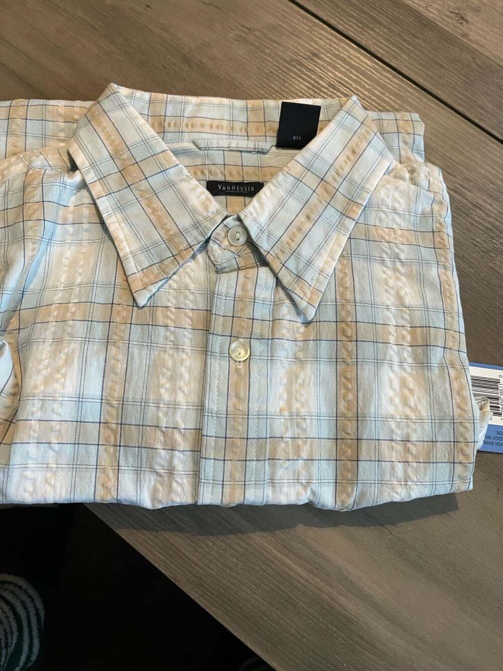 Van Heusen Men's Blue Beige Plaid Short Sleeve Button Down Shirt Size L